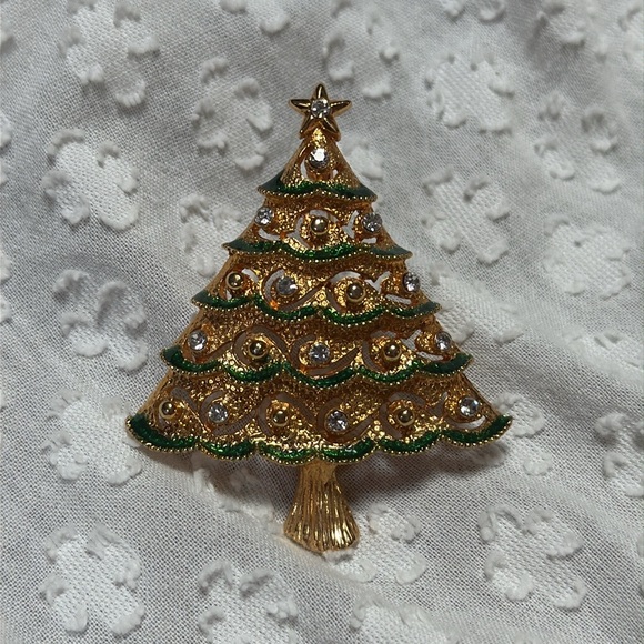 Vintage Signed Eisenberg Ice Goldtone Christmas Tree Brooch - Picture 1 of 8